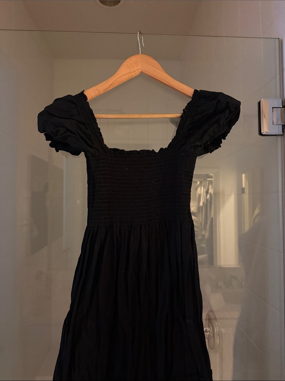 Smocked Puff-Sleeve Black Midi Dress